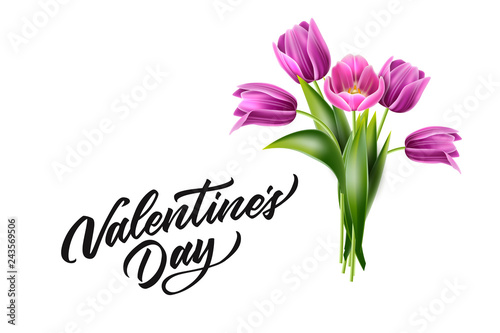 Vector valentine day lettering and tulip bouquet