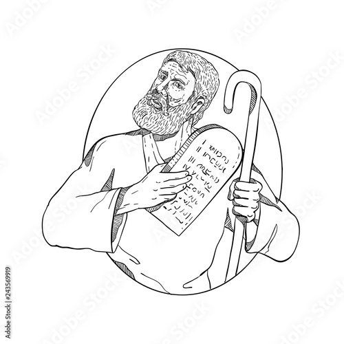 Moses With Ten Commandments Drawing Black and White