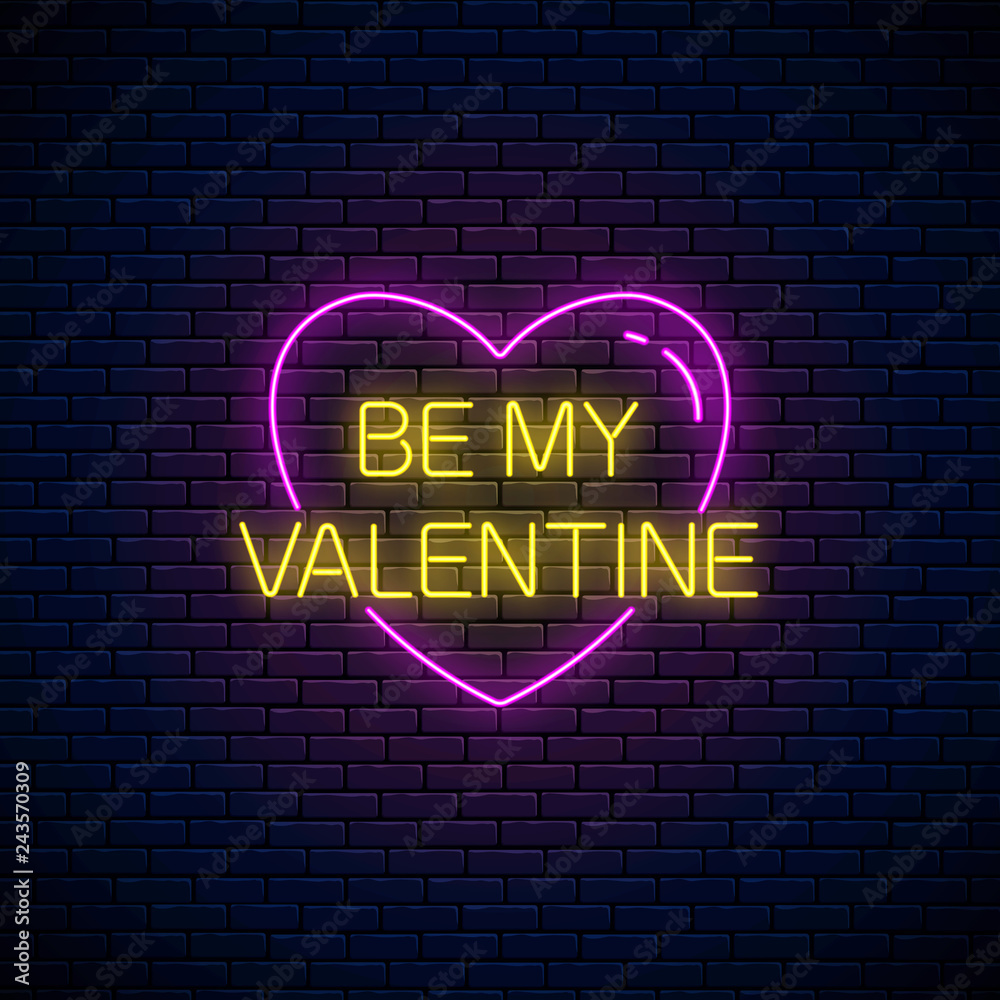 Be my Valentine text in heart shape in neon style. Happy Valentines Day neon glowing sign. Holiday greeting card