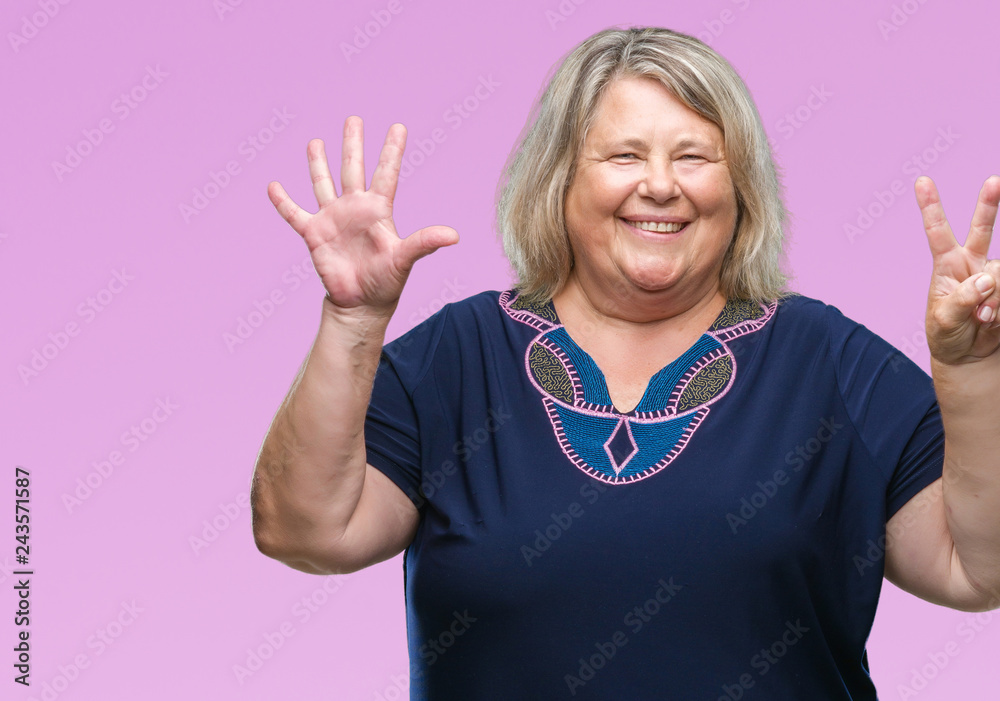 Senior plus size caucasian woman over isolated background showing and pointing up with fingers number seven while smiling confident and happy. Senior plus size caucasian woman over isolated background showing and pointing up with fingers number seven while smiling confident and happy.