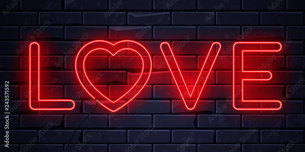 Obraz premium Illuminated neon word love and heart sign frame light electric banner glowing on black brickwall background.Valentines Day,sex shop,bar concept.Neons word love heart shape poster,signboard,billboard