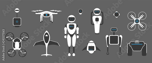 Modern robotic set vector illustration with stylish robot, drone, autonomous vehicle, flying car