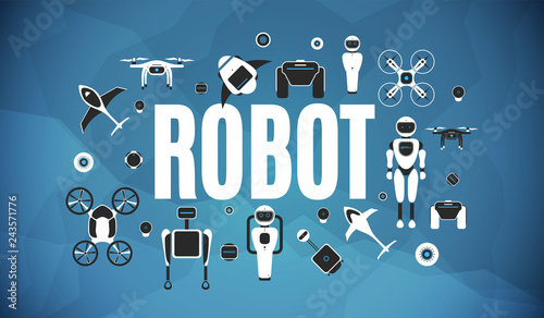 Modern robotic set vector illustration with stylish robot  drone  autonomous vehicle  flying car
