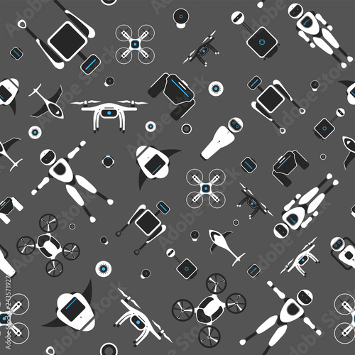 Modern robotic set vector illustration with stylish robot, drone, autonomous vehicle, flying car