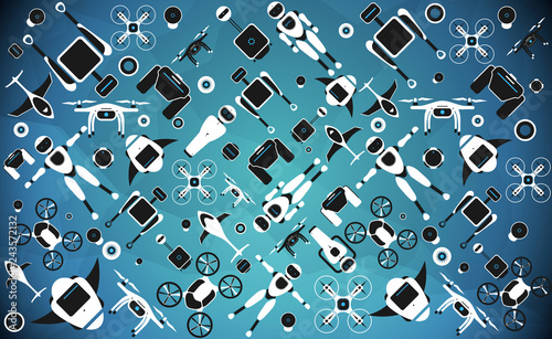 Modern robotic set vector illustration with stylish robot, drone, autonomous vehicle, flying car