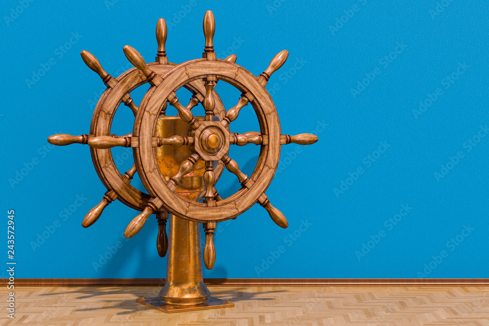 Obraz premium Ship's wheel or boat's wheel in room on the wooden floor, 3D rendering