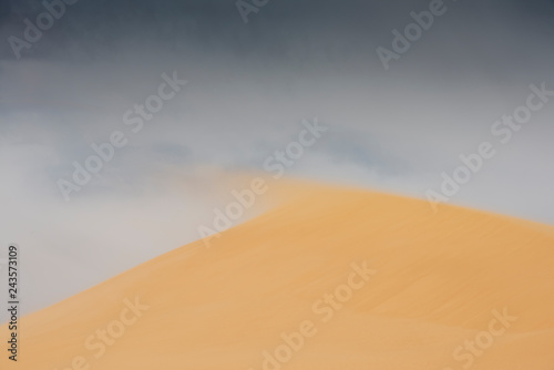 detail of blowing sand in the wind of the top of a sanddune  rescaping the landscape and forming new sanddunes
