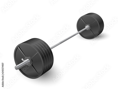 Beautiful realistic perspective view fitness vector of an olympic barbell with black iron plates on white background.