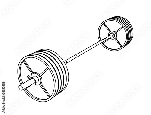 Simple fitness line art perspective vector of an olympic barbell with steel plates on white background.