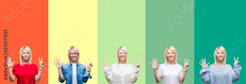 Collage of beautiful blonde woman over vivid vintage isolated background showing and pointing up with fingers number seven while smiling confident and happy.