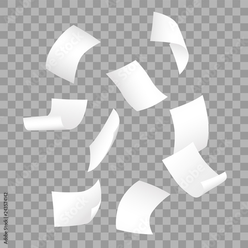 Simple vector of falling white blank papers on transparent background.