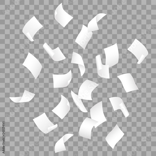 Simple vector of falling white blank papers on transparent background.