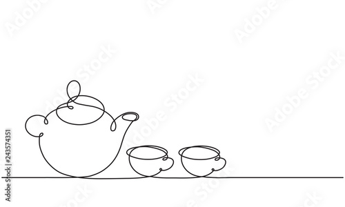 Teapot and cups. Continuous line drawing. Vector.
