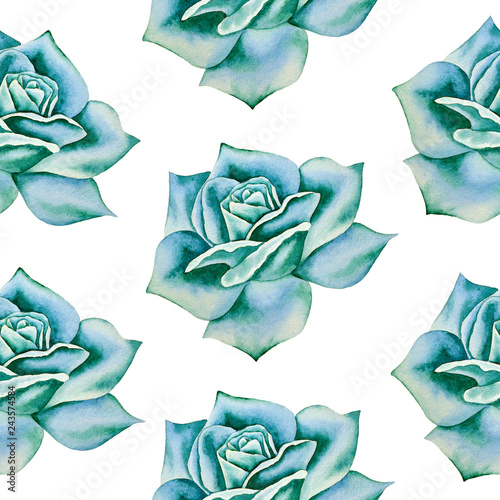 3D Fototapete Rosen - Fototapete Illustration of watercolor hand drawn pattern with colorful blue roses. Romantic flowers, blooming, floral background, botanic. For wallpaper, fabric, textile.