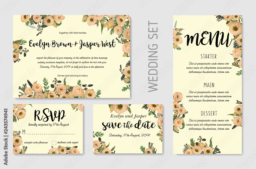 Wedding Invitation set, floral invite, thank you, rsvp card design. Eucalyptus, forest fern, herbs, eucalyptus, branches boxwood, buxus, brunia, botanical green and flowers eustoma cream. Vector
