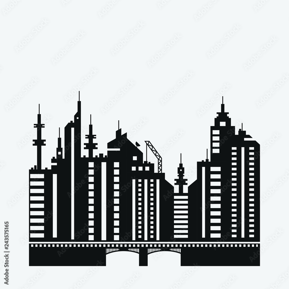 Black flat city silhouette for banner design.Vector Illustration . City landscape silhouette.