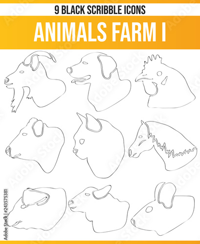 Scribble Black Icon Set Animals Farm I