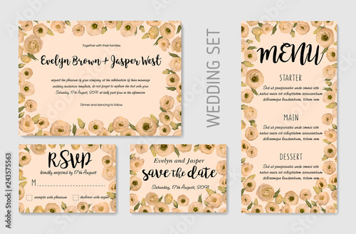 Wedding Invitation set  floral invite  thank you  rsvp card design. Eucalyptus  forest fern  herbs  eucalyptus  branches boxwood  buxus  brunia  botanical green and flowers eustoma cream. Vector