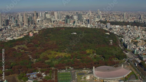 Tokyo, Japan circa-2018.  Aerial view of Yoyogi Park and Meiji Jingu shrine.  Shot from helicopter with RED camera.