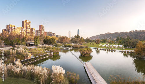 Panoramic view of Bicentenario Park and Santiago skyline - Santiago, Chile photo