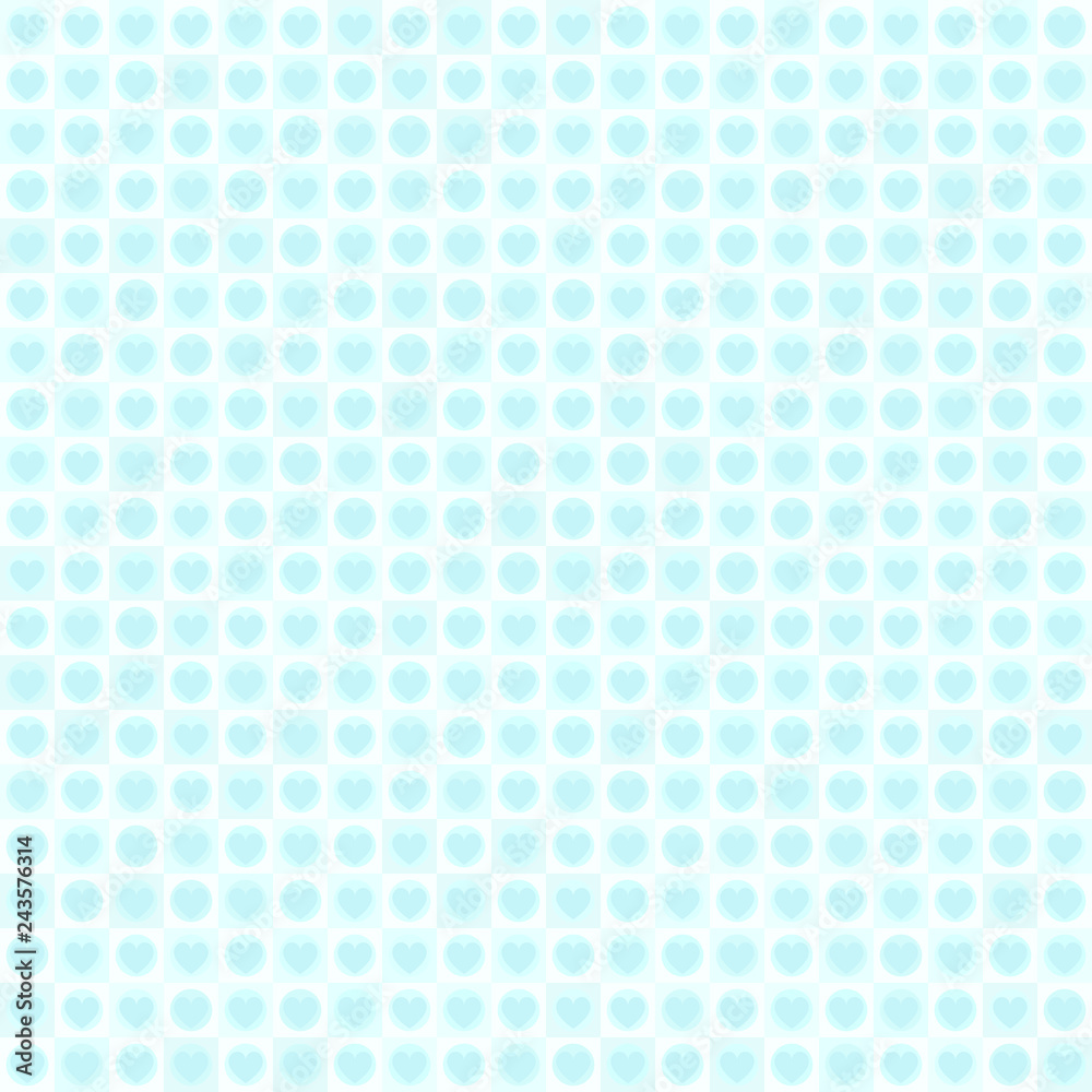 Cyan heart pattern with dots and squares. Seamless vector