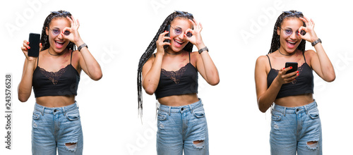 Collage of beautiful african american woman with birth mark using smartphone over isolated background with happy face smiling doing ok sign with hand on eye looking through fingers