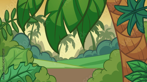 Cartoon jungle background.  Vector clip art illustration with simple gradients. Some elements on separate layers. 