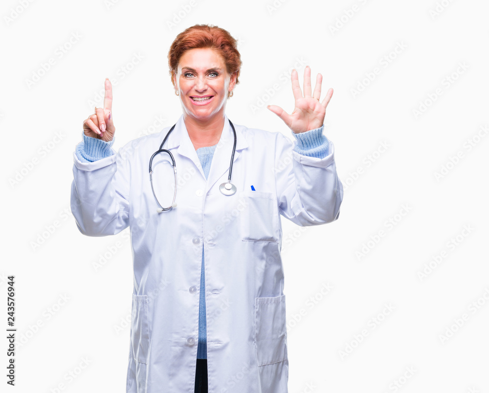Senior caucasian doctor woman wearing medical uniform over isolated background showing and pointing up with fingers number six while smiling confident and happy. Senior caucasian doctor woman wearing medical uniform over isolated background showing and pointing up with fingers number six while smiling confident and happy.