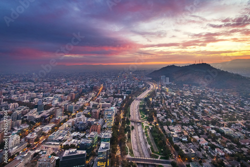 Santiago aerial view with San Cristobal Hill and Mapocho River at sunset - Santiago  Chile