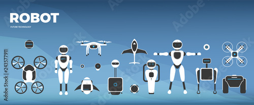 Modern robotic set vector illustration with stylish robot, drone, autonomous vehicle, flying car