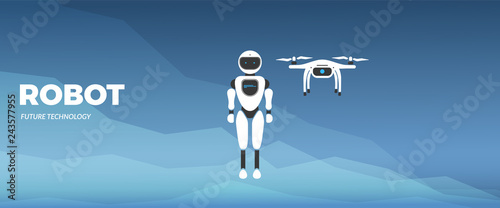 Modern robotic vector illustration with stylish humanoid robot, drone, autonomous vehicle and text