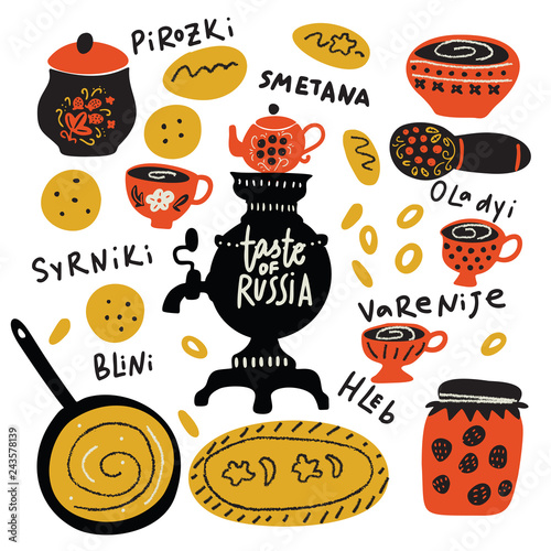 Russian traditional food. Taste of Russia. Funny hand drawn illustration with food elements and name of dishes. Vector design. isolated on white.