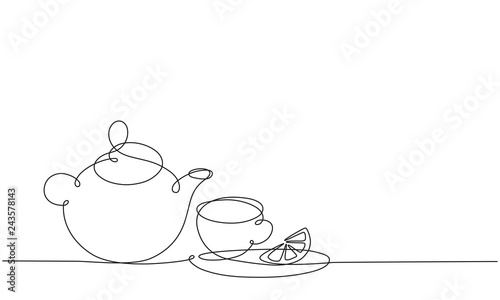 Teapot and cup. Tea with lemon. Continuous line drawing.