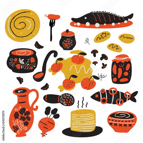 Russian traditional food. Funny hand drawn illustration with different dishes. Vector design.