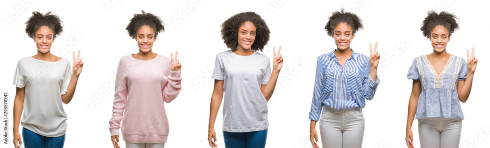 Collage of african american woman over isolated background showing and pointing up with fingers number two while smiling confident and happy.