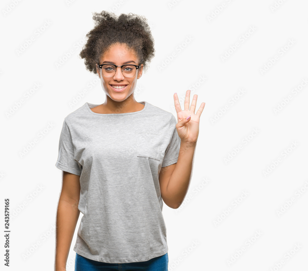Young afro american woman wearing glasses over isolated background showing and pointing up with fingers number four while smiling confident and happy.