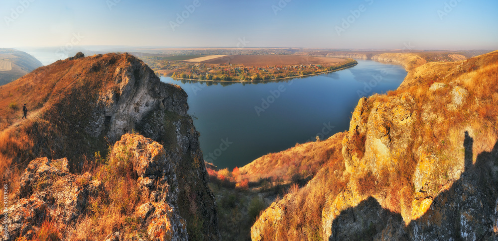 canyon of the Dniester River. autumn morning in the national park. scenic river