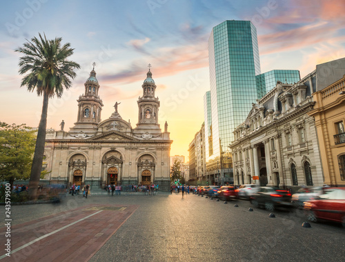 Plaza de Armas Square and Santiago Metropolitan Cathedral at sunset - Santiago, Chile photo