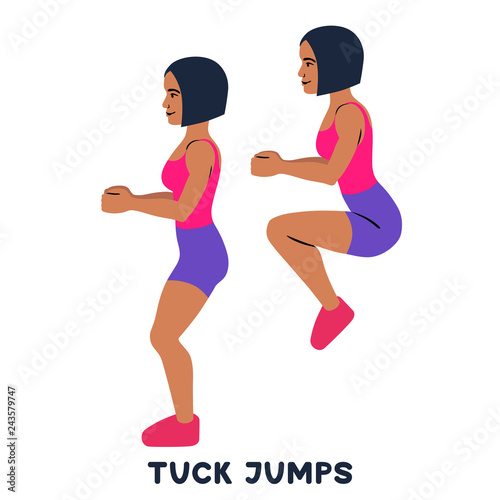 Tuck jumps. Sport exersice. Silhouettes of woman doing exercise. Workout, training.