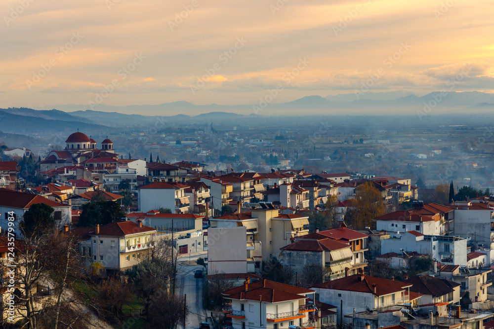 Greek town evening panorama with red roof houses, Kalabaka, Thessaly, Greece