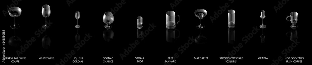 3D illustration of large collection of various glasses for cocktails and wine and other drinks isolated on black, side-top view with reflection - drinking glass render 3D illustration of large collection of various glasses for cocktails and wine and other drinks isolated on black, side-top view with reflection - drinking glass render