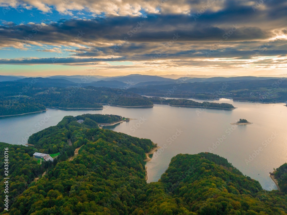 Solina lake in Bieszczady mountains in Poland at beautiful cloudy sunset