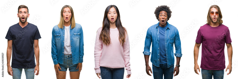 Composition of african american, hispanic and chinese group of people over isolated white background afraid and shocked with surprise expression, fear and excited face. Composition of african american, hispanic and chinese group of people over isolated white background afraid and shocked with surprise expression, fear and excited face.