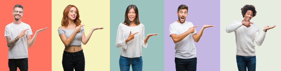 Composition of african american, hispanic and chinese group of people over vintage color background amazed and smiling to the camera while presenting with hand and pointing with finger.