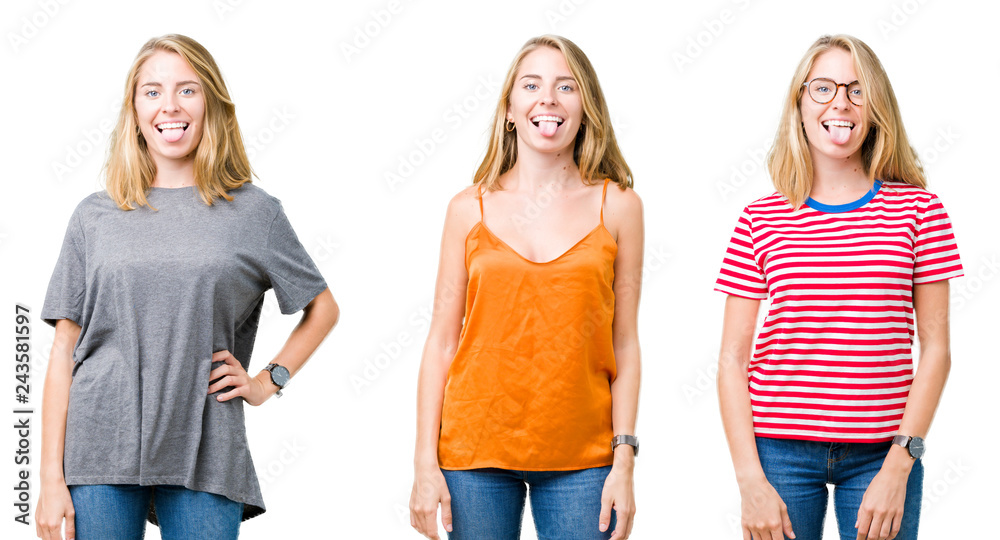 Fototapeta premium Collage of beautiful blonde woman over white isolated background sticking tongue out happy with funny expression. Emotion concept.