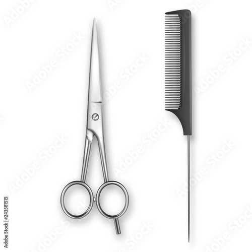 Vector Realistic 3d Classic Simple Scissors and Black Plastic Hairdresser s Comb Icon for Salon, Barbershop, Mock-up Closeup Isolated on White. Design Template of Hair Comb for Mockup. Top View
