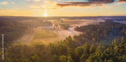 Beautiful foggy morning landscape photographed from above