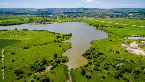 lake on the plain from drone