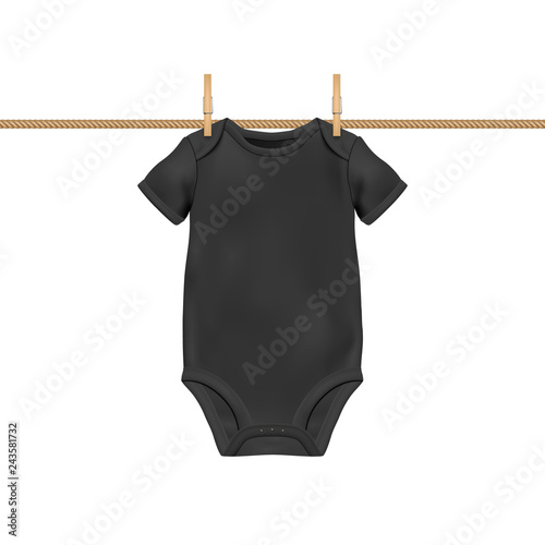 Vector Realistic Black Blank Baby Bodysuit Template, Mock-up Hanging on Rope with Clothes Peg Closeup Isolated on White Background. Body Children, Baby Shirt, Onesie. Accessories, lothes for Newborns