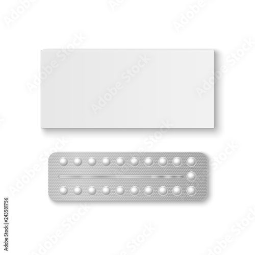 Vector Realistic Packaging of Birth Control Pills with Box Closeup Isolated. Contraceptive Pill, Hormonal pills. Design Template of Birth Control Pills for Mockup. Planning Pregnancy. Top View